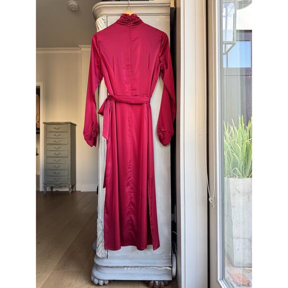 Alexia Admor Dress Sz 8 Red Satin Maxi Faux Wrap Belted High Neck Long Sleeve - Picture 4 of 13